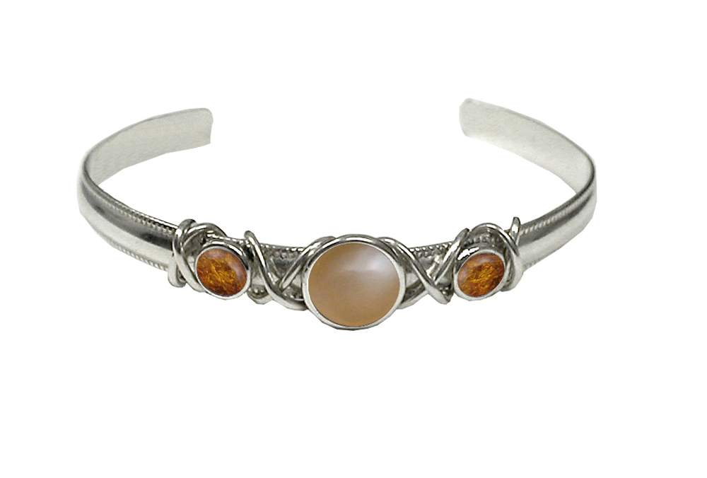 Sterling Silver Hand Made Cuff Bracelet With Peach Moonstone And Amber